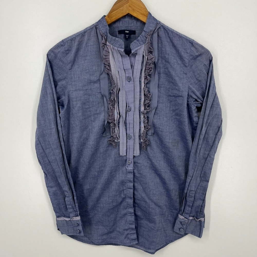 Gap Long Sleeve Blouse Women's Size S‎ Blue Button Ruffle Cotton